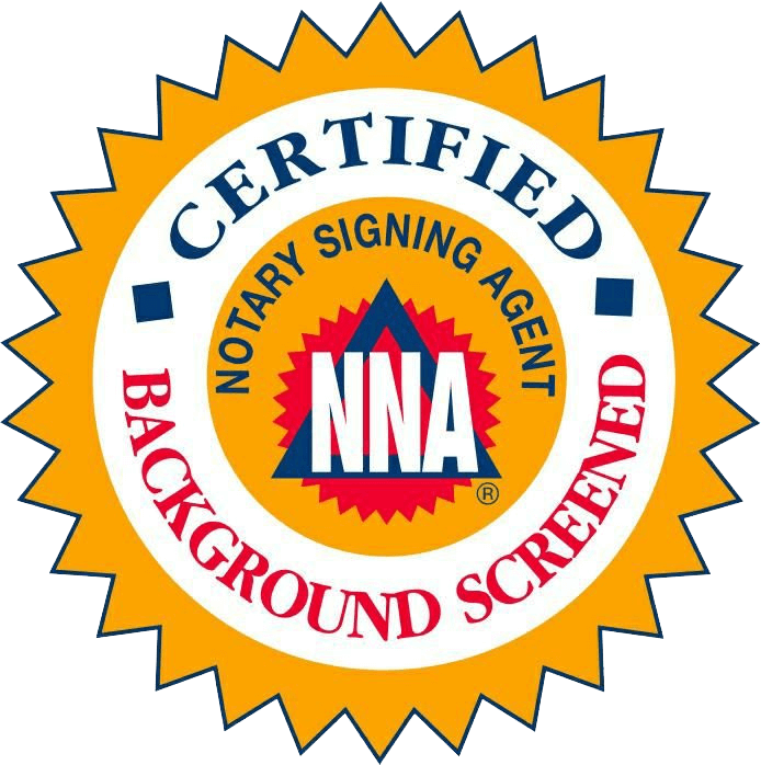 A seal that says certified, notary signing agent background screened.